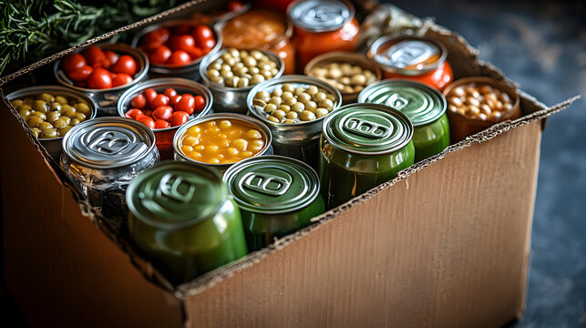 Cardboard box packed with assorted canned goods and non-perishable food items, representing food donation, community support, charitable assistance, and efforts to fight hunger and provide  64560515 4