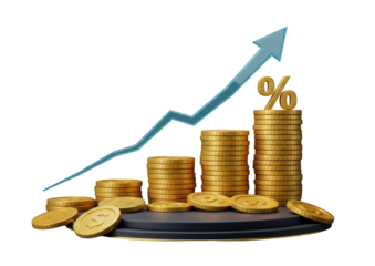 A Representation of Financial Growth: Stacked Gold Coins with an Increasing Revenue Trend Illustrated by an Upward Arrow Against a Black Background