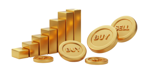 A Visual Representation of Trading Dynamics: Golden Coins Marked 'Buy' and 'Sell' Alongside a Rising Bar Graph Depicting Market Trends and Financial Growth