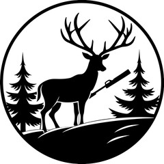 Silhouette of a majestic stag with antlers holding a rifle in a forest scene