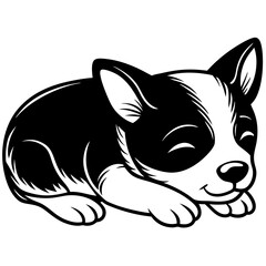Cute black and white cartoon puppy sleeping peacefully with closed eyes