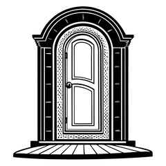 Fototapeta premium Ornate black and white doorway with arched entrance and wooden steps