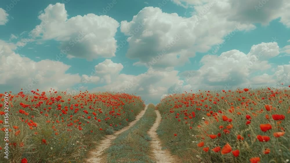 Poster A scenic view of a field of red flowers with a dirt road running through it