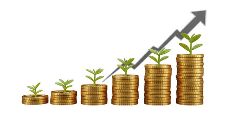 A Visual Representation of Financial Growth: Coins Stacked with Emerging Plants Demonstrating Prosperity and Investment Success