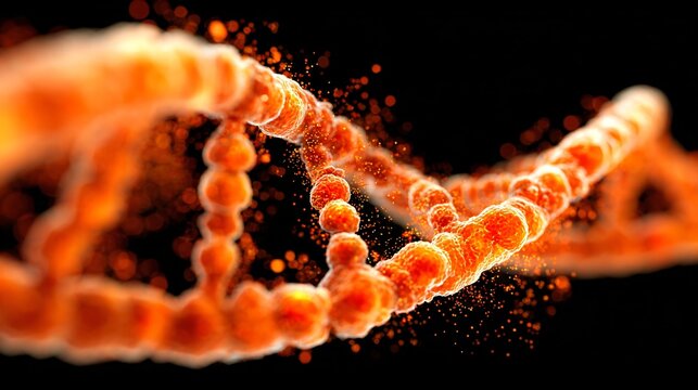 Glowing DNA double helix strands with luminous particles, blue, orange, and gold tones, ideal for science, genetics, or biotechnology themes