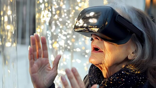 Virtual reality and senior technology are illustrated as an elderly woman wearing a VR headset experiences immersive digital content outdoors in winter, reaching out with wonder and curiosity toward t