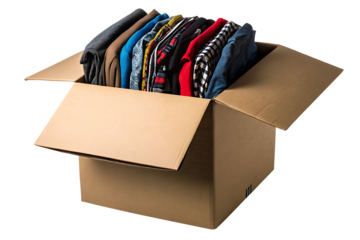   clothes packed in a cardboard box ready for donat isolated on white background PNG ,ai generated