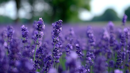 Close-up blooming lavender flowers in soft pastel purple and blue hues, gentle sunlight, ideal for spa, wellness, or romantic floral design