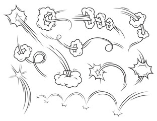 Comicstyle image with assorted motion lines clouds and starburst effects on a plain background