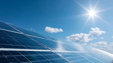 Shiny blue solar panels under clear sunny sky, reflecting sunlight, vibrant blue and white palette, ideal for energy, eco, and technology themes
