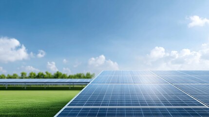 Solar panels in a green field under bright blue sky, clean energy technology, vibrant blue and green palette, ideal for eco, energy, or industry themes