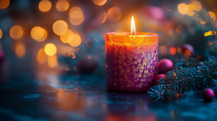 Festive candle, Christmas ornaments, twinkling lights, dark background