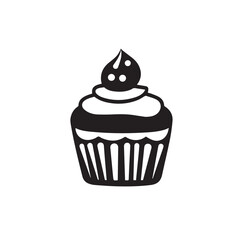 Festive cupcake icon in crisp black and white with thick swirl topping, perfect for food-themed icons, bakery apps, and confectionery branding.