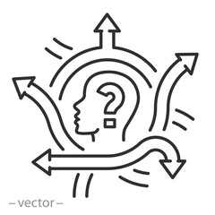 puzzled man with road junction icon, doubt person, confusion in choosing a path, arrow directions, making decision on way, choice, line web symbol on white background - editable stroke illustration
