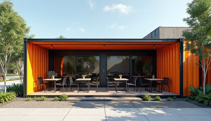 Modern cafe in shipping container with outdoor seating. Black and orange exterior and interior design. Tables chairs bistro style. Trendy urban cafe, startup business. Coffee shop bar open air.