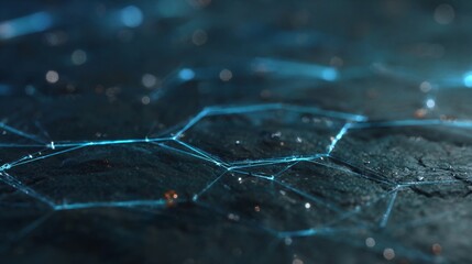 Abstract blue glowing hexagonal network lines on dark textured surface, cybernetic technology theme, ideal for AI, science, or IT design