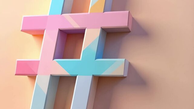 Abstract hashtag symbol rendered in pastel colors with geometric patterns against a soft background.