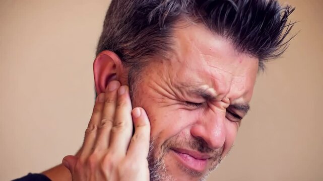 Ear pain and health problem are shown as a mature man with gray hair closes his eyes and presses his hand to his ear with a pained expression, clearly suffering from earache discomfort and possible in