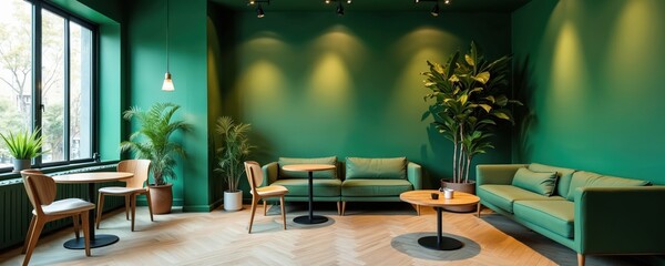 Stylish green coffee shop corner with modern furniture. Interior design features round wooden tables with chairs, green sofas and plants. Natural light from large window. Cafe for meeting, relaxation.