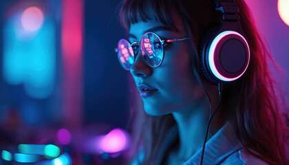 Portrait DJ girl with headphones, night club party neon lights. Female musician, cool cyberpunk glasses with reflections. Party lights, sound equipment create techno futuristic vibe. Rave atmosphere,
