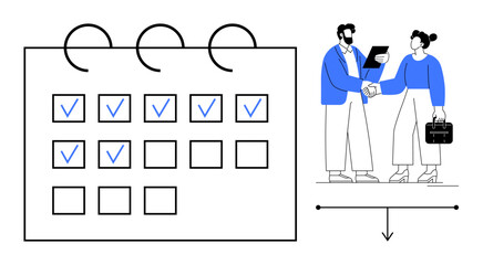 Colleagues shaking hands beside a calendar marked with completed tasks. Ideal for teamwork, scheduling, collaboration, agreements, productivity, organization, business planning. Simple flat metaphor