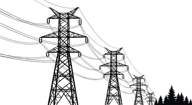High voltage power transmission towers, electric pylons in forest landscape, energy distribution line vector, black silhouette, utility infrastructure illustration
