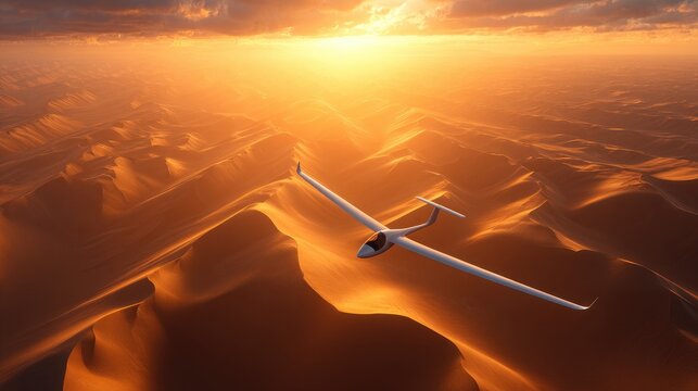 Gliding plane above golden sand dunes at sunset.
