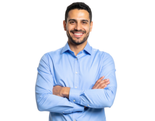A confident man in a light blue dress shirt smiles with arms crossed, projecting friendliness and professionalism.