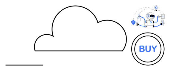 Cloud icon, robot managing transactions, and a Buy button showcase online shopping, automation, and cloud use. Ideal for e-commerce, AI, automation, fintech cybersecurity cloud digital services