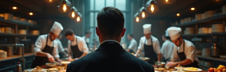 Male food critic observes chefs work in a restaurant kitchen. Dimly lit environment creates elegant, sophisticated atmosphere. Professional chefs preparing dishes, culinary theme. Gastronomy concept.
