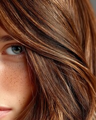 Close-up of Woman's Eye and Brown Highlighted Hair: Partial Face, Freckles, Beauty Detail, Hair Care, Natural Light