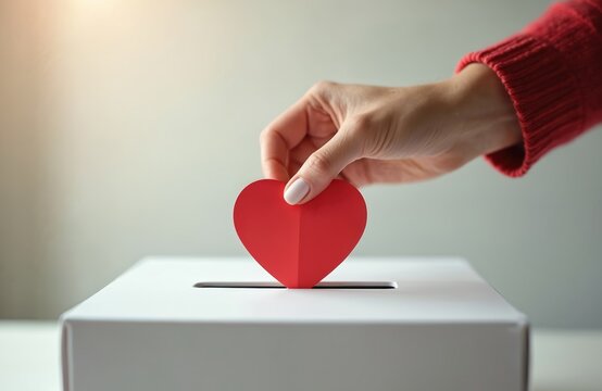Female hand putting red paper heart donation box slot. Charity, help, love, gratitude, election, giving concepts. Support, kindness, compassion, contribution, caring, generosity, humanitarian causes,