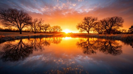 Fototapeta premium Serene sunrise reflecting on a still pond.