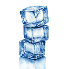 Watercolor Ice Cubes Stacked Isolated On Transparent White Background, Clipping Path