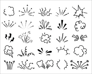 Collection of 25black outline explosion graphics arranged on a white background