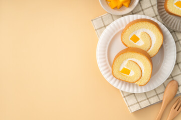 Delicious mango cream Swiss roll cake on plate