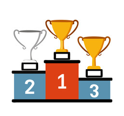 Winners podium with trophy cups