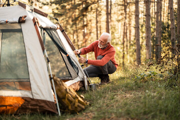 Senior Camper Setting Up Tent in Forest Landscape for Weekend Retreat