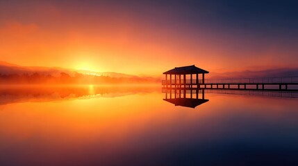 Obraz premium Sunrise over a tranquil lake with a wooden gazebo.