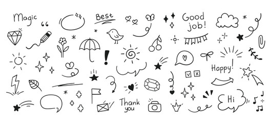 Collection of handdrawn doodles includes words like Magic Best Good Job and various shapes and symbols