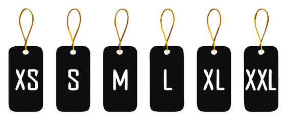 Clothing size labels set: XS, S, M, L, XL, XXL. Vector