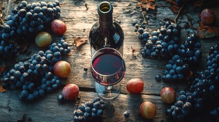 A bottle of wine and grapes on a wooden table evoking a rustic vineyard tasting experience with soft
