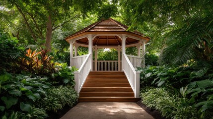 Fototapeta premium Wooden gazebo nestled within a lush garden.