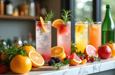 Fresh mocktail recipes with fruit herbs lining bar. Nonalcoholic drink ingredients concept photo. Colorful cocktails with orange, strawberry, grapefruit, lemon slices garnishes. Healthy beverage at