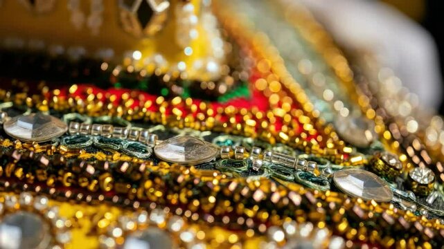 Detailed close-up of colorful, intricate beaded embroidery with rhinestones