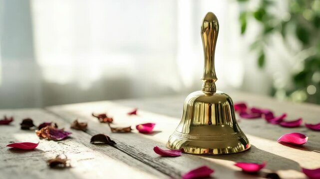 Golden handbell on wooden table with scattered petals