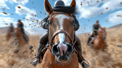 Fototapeta premium Horse riders gallop through a dusty terrain under a blue sky