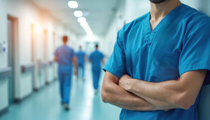 Medical pro stands in hospital corridor with arms crossed. Doctors, nurses, hospital staff in hallway. Modern clinic, medical care concept. Healthcare, medicine tech.