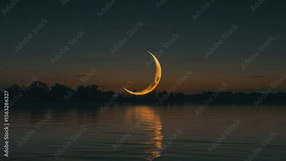 Poster a crescent moon shines brightly over a calm body of water, suitable for use in editorial or commerci