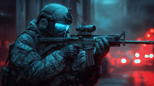 A soldier with an assault rifle in the rain, aiming at targets